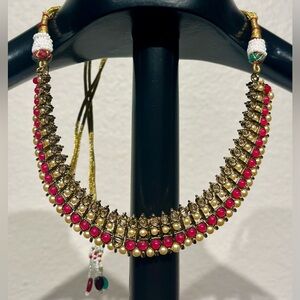 Vintage Indian Gold-Tone Choker Necklace with Pink and Pearl Accents
